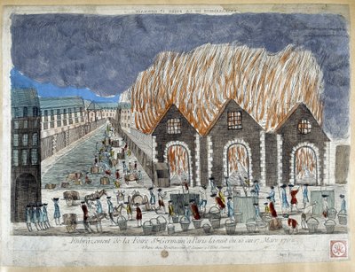 Fair of the Foire Saint Germain i Paris, natten mellem den 16. og 17. marts 1762 - gravering af French School