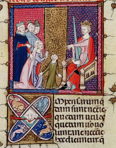 Fol.11v Et barn og hendes mor optræder for en dommer, fra Justiniani i Fortiatum af French School