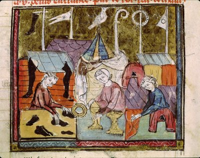 Fol.122v Købmænd på Lendit-messen nær St. Denis, fra Grandes Chroniques de France, 1375-79 af French School