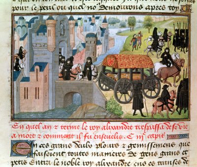 Fol.305v Hvordan Alexander den Store (356-323 f.Kr.) gik bort og blev begravet, fra manuskriptet af Jean Vauquelin, fra Histoire du Grand Alexandre, 1460 af French School