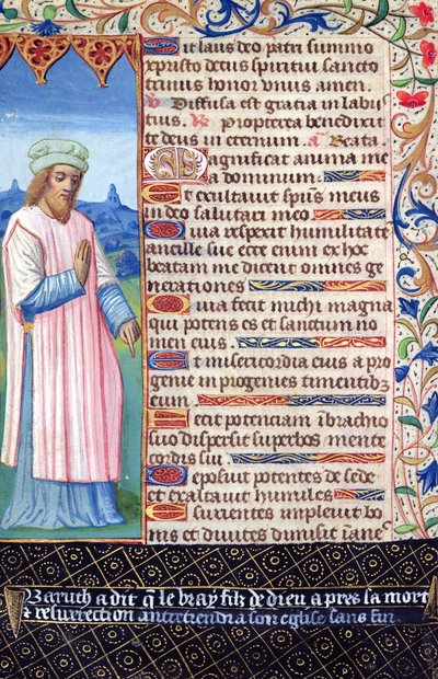 Fol.36v Tekst af Magnificat med et portræt af Baruch, fra Heures a lUsage de Rome af French School
