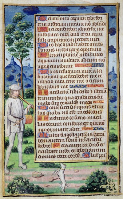 Fol.50v Side med tekst med en kantdetalje af en musiker, der laver sin hund til at danse, fra 