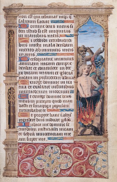Fol.67r Side med tekst med en kantdetaljer af en mand, der tortureres af to dæmoner, fra "Heures de l"Usage de Rome" af French School