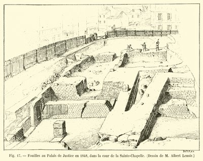 Udgravninger ved Palais de Justice i 1848, i gården til Sainte-Chapelle, Tegning af M Albert Lenoir af French School