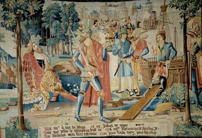 Stiftelsen af byen Troyes. Kong Jasius bliver dræbt af sin bror Dardanus, der flygtede med båd og fandt Troyes (i Champagne) repræsenteret bagerst. Tapetet af "The Fabulous History of the Gaules"" lavet af Arras værksted. 1530 Beauvais, afgang af French School