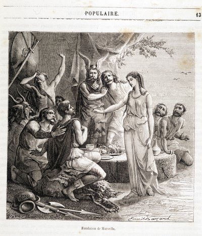 Marseillen perustaminen: kreikkalaiset merimiehet perustivat ranskalaisen kaupungin vuonna 600 eKr. Kaiverrus Henri Martinin kirjaan "Histoire de France populaire". 1800-luvulla af French School