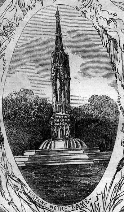 Fountain of Paris: udsigt over jomfrufontænen (Notre Dame-fontænen) (cirka 1845). Indgravering i "" Le Monde Illustré"" nr. 254 af 22. februar af French School