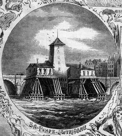 Fountain of Paris: udsigt over Pompe Notre Dame (1676). Denne hydrauliske pumpe blev revet ned i 1858. Indgravering i "" Le Monde Illustré"" nr. 254 af 22. februar af French School