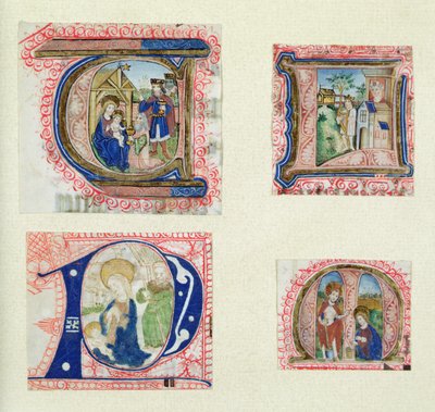Fire historiske initialer, der viser tilbedelsen af vismændene, krybben, David og Batseba og Kristus i haven af French School