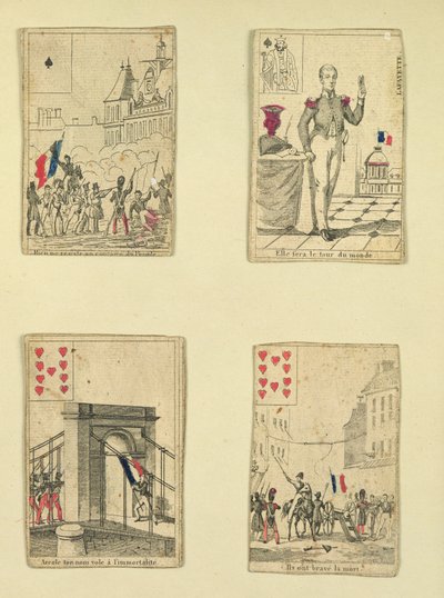 Vier Spielkarten zur Erinnerung an die Helden des Juli 1830, 1831 von French School