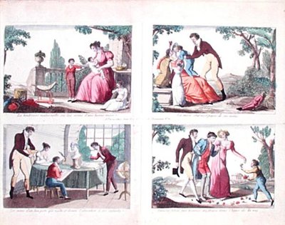 Fire scener, der skildrer forældrenes ansvar, begyndelsen af det 19. århundrede (farvegravering) af French School