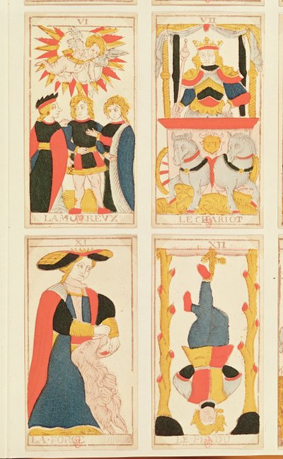 Fire tarotkort, der viser The Lovers, The Chariot, Strength and The Hanged Man (farvet trægravering) af French School