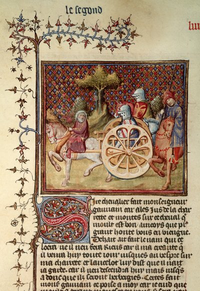 Fr.119 fol.312v Lancelot, vognens ridder, 1344 af French School