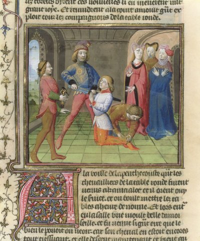 Fr.120 f.522v Ridderen af Lancelot fra historien om Lancelot i La Quite de Saint Graal af French School