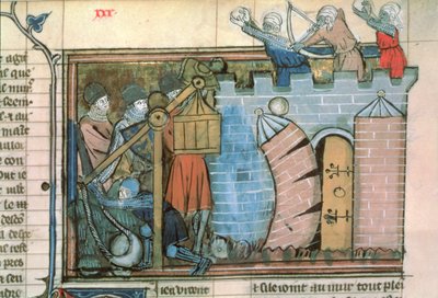 Fr 22495 fol.30 Et angreb på en by under korstogene, fra Le Roman de Godefroi de Bouillon af French School