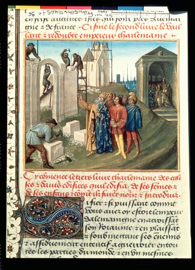 Fr 6465 f.96 Opførelse af kirken i Aix La Chapelle af Charlemagne (742-814) af French School