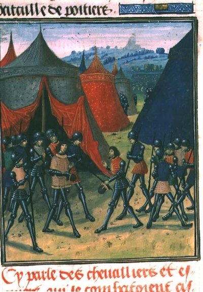 Fr 87 fol.8 Prinsen af Wales modtager kongen af Frankrig (vellum) af French School