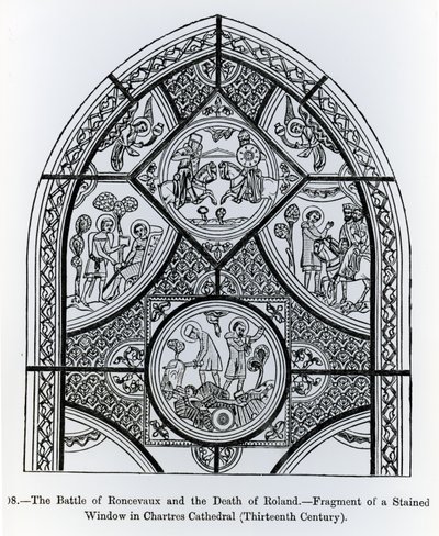 Fragment af et farvet glasvindue i Chartres-katedralen, der forestiller slaget ved Roncevaux og Rolands død, illustration fra videnskab og litteratur i middelalderen og renæssancen, forfatter af French School