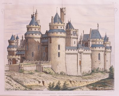 Frankrig, Pierrefonds middelalderborg, restaureret af Violet le Duc fra Moniteur des Architectes, gravering af French School