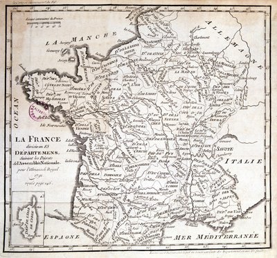 Frankrig opdelt i 83 departementer efter dekreterne fra nationalforsamlingen af 1791 af French School