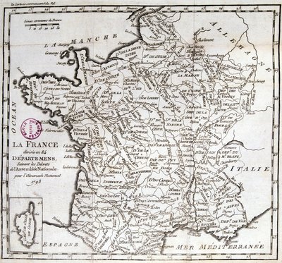 Frankrig opdelt i 84 departementer efter dekreterne fra nationalforsamlingen af 1793 af French School