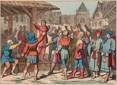 Frankrig i middelalderen: kommunerne - Kommunalt charter - Ed - Indgravering af slutningen af det 19. århundrede i "" Nos Gires Nationales - Images et recits"" af French School