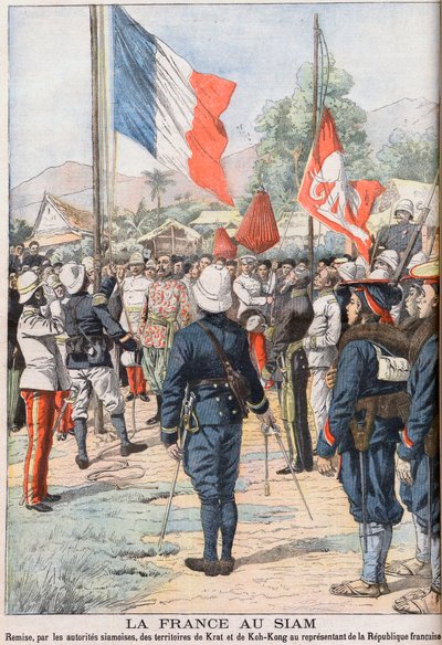 Frankrig overtager områderne Krat og Koh-Kong, Siam efter traktaten af 1904 aftalt mellem siameserne og franskmændene, illustration fra 