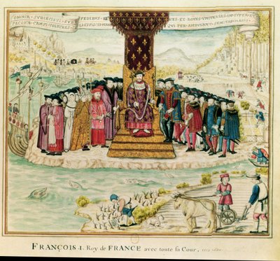 Frans I (1494-1547) omgivet af sit hof, ca. 1630 (wc på papir) af French School