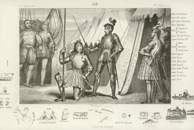 Francis I of France requesting to be knighted by the Chevalier Bayard after victory at the Battle of Marignano, Italy, 1515  af French School