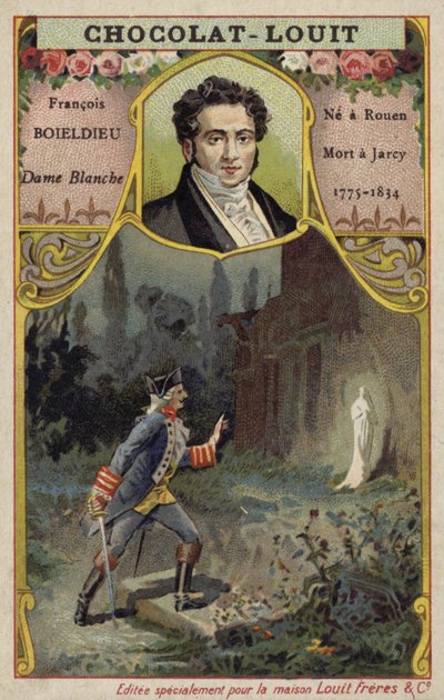 Francois-Adrien Boieldieu, fransk komponist, og en scene fra hans opera La Dame Blanche (chromolitho) af French School