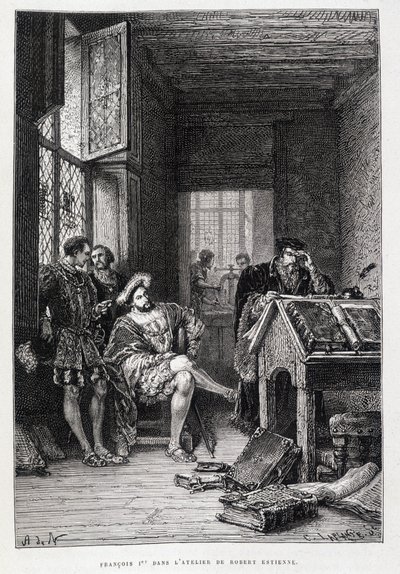 Francois 1. i Robert Estiennes atelier - gravering af French School