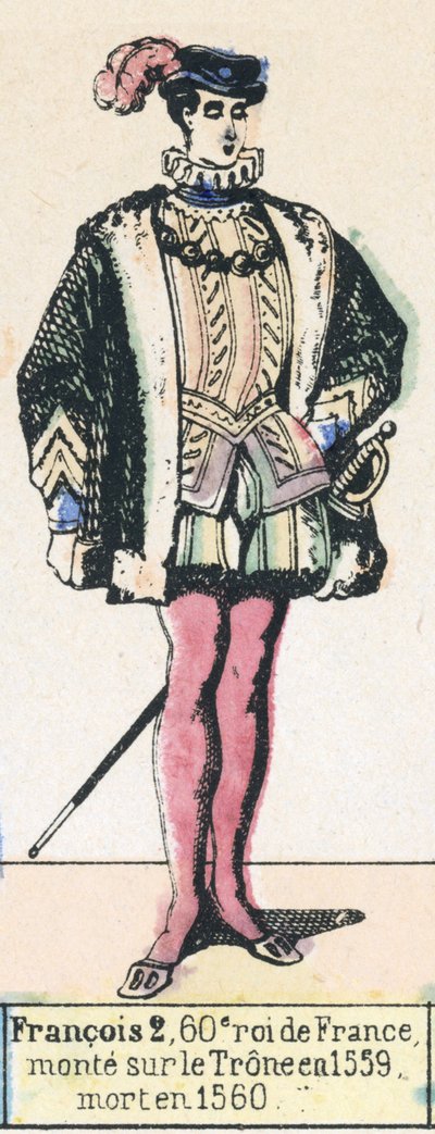 Francois 2, 60. konge af Frankrig, besteg tronen i 1559, døde i 1560 (farvegravering) af French School