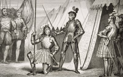 Francois I (1494-1547) slået til ridder af kaptajn Bayard efter slaget ved Marignano, fra 