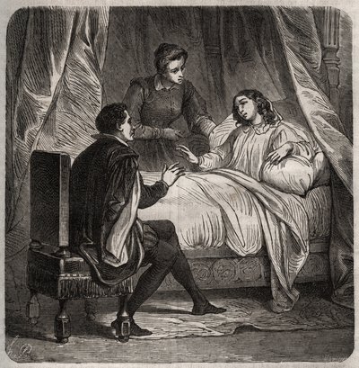 Francoise de Foix, grevinde af Chateaubriant (ca. 1495-1537), syg, modtager Clement des Marets dit Marot (1496-1544), kammertjeneren for Francois 1., i seng. Indgravering fra 1871 i "Histoire Des Cocus Celebres"" af Henry de Kock (1819-1892). af French School