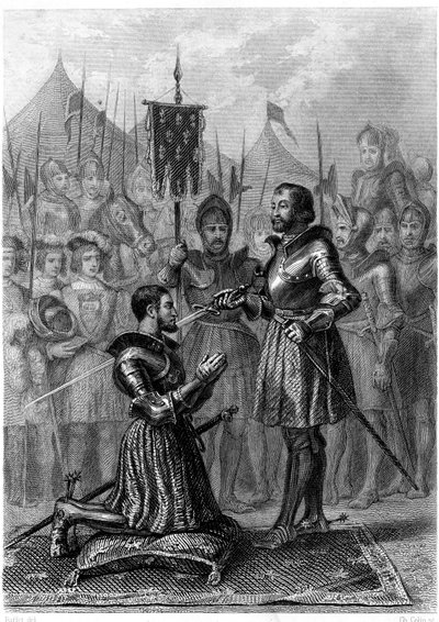 François 1., bevæbnet ridder efter slaget ved Marignan (1515). 19. århundrede (kobberstik) af French School