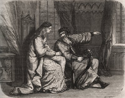 Fredegonde (545-597) betror harpespilleren Barbantini sine bekymringer, fordi hans elsker Chilperic (dengang kongen af francs Chilperic I (543-597), ikke giftede sig med ham. 565. Indgravering fra 1871 i "Histoire Des Cocuses Celebres" af Henry de Kock (18 af French School