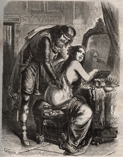 Fredegonde (545-597) tager sin mand, Kongen af Francs Chilperic I (543-597), til sin elsker, Landeric. Kongen opdager, da hans kone er ham utro. Indgravering fra 1871 i "Histoire Des Cocuses Celebres"" af Henry de Kock (1819-1892). af French School