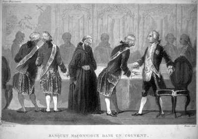 Frimureri: Maconnisk banket i et kloster. Stik fra "Picturesque Histoire de la Franc Maconnerie et des Societes Secretes antique et modernes" af F.-T. B. Clavel. Pagnerre, redaktør. 1843. af French School
