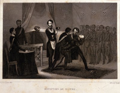 Frimageri: modtagelse og indvielsesritual for mesteren. Stik fra "Picturesque Histoire de la Franc Maconnerie et des Societes Secretes antique et modernes" af F.-T. B. Clavel. Pagnerre, redaktør. 1843. af French School