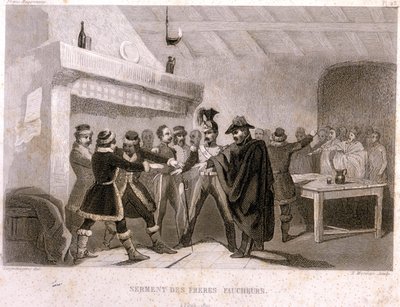 Frimureriet: brødrenes mejeres ed i Potok i 1821. Stik fra "" Malerisk Histoire de la Franc Maconnerie et des Societes Secretes antique et moderne" af F.-T. B. Clavel. Pagnere, redaktør. 1843. af French School