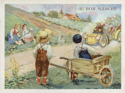 Franske børn, der ser på en hurtig kørende bil af French School