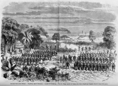 Franske kolonier (Senegal) 1865: Ekspedition i Casamance. Slaget ved Guimbering, Erobringen af landsbyen, episode af angrebet på klitterne besat af fjenden. af French School