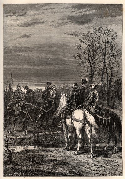 Franske religionskrige - oktober 1569 Religionskrig - Samtalerne forud for slaget ved Moncontour (Henri, hertug af Anjou fremtidige Henrik III og Gaspard II af Coligny - Slaget ved Moncontour (oktober 1569) - gravering fra "" Frankrigs historie fortalt til af French School