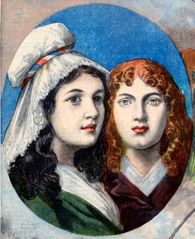 Fransk revolution - De franske heltinder: søstrene Felicite (1770-1841) og Theophile (1875-1819) af Fernig, der kæmpede udklædt som en mand mod østrigerne for at se deres far i 1792 - illustration fra "Le Petit Journal" af 7. august 1894 af French School