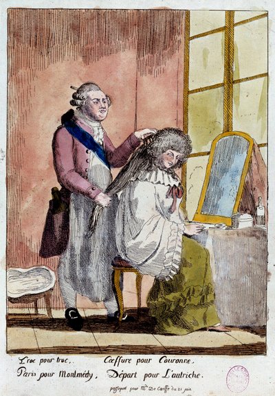 Den franske revolution: Tegneserie om den kongelige families flugt til Varenne den 20. og 21. juni 1791: Kong Ludvig XVI, der styler dronning Marie Antoinette, skulle rejse med et falsk pas som guvernante for baronessen af Korffs børn. Anonym farve af French School