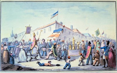 Fransk revolution: “” dannede maskerade af folk kjoler i præstestøj ””. Anonym akvarel. 1793. Paris, Library of L