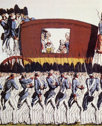Fransk Revolution: Kongefamiliens tilbagevenden til Paris den 25. juni 1791 efter arrestationen i Varennes den 20. og 21. juni 1791. Eau-forte coloriee anonym 1791 søn. 23,2x34,6 Paris, Musee Carnavalet. af French School