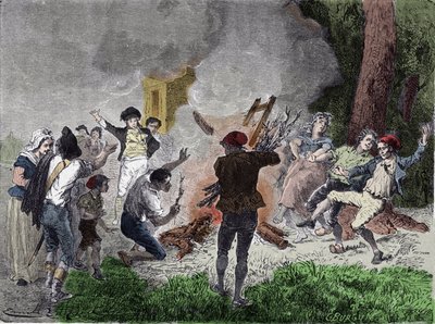 Fransk revolution: "" Folket brændte Claude Chappes telegraf, i parken Saint-Fargeau i Menilamount, i september 1792, og troede, at det var et apparat beregnet til at kommunikere med den kongelige familie, der var låst inde i templets fængsel"" "Gravering af French School