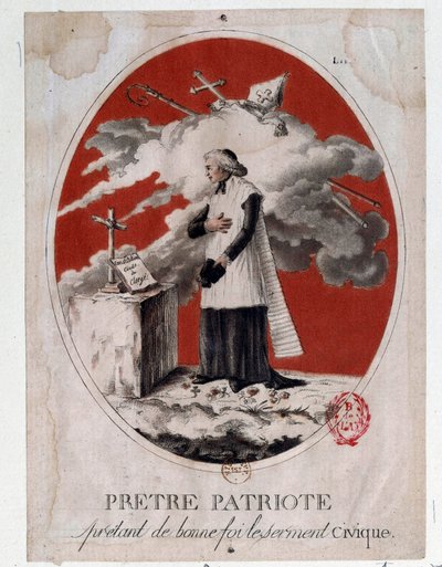 Den franske revolution: en patriotpræst, der aflagde den borgerlige ed i god tro. Stik af det 18. århundrede. Paris, Arsenals bibliotek af French School