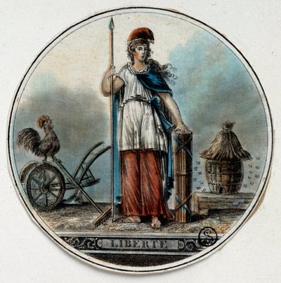 Fransk revolution: allegori om Liberte som en kvinde nær en bistade og en hane. I slutningen af det 18. århundrede Paris, B.N. af French School